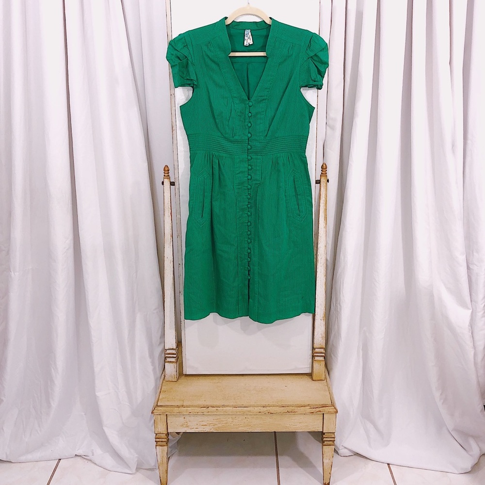 Maeve Green Button Down Puff Sleeve Dress